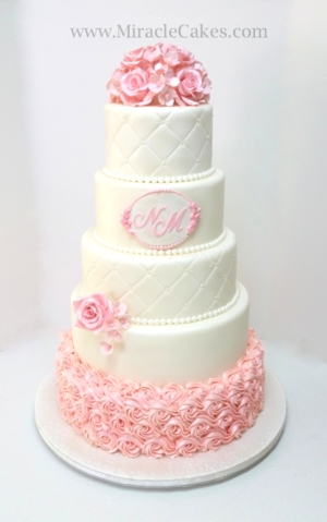 Wedding cake with pink sugar Roses and Hydrangeas