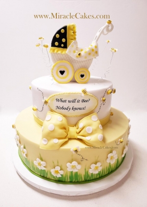 Bee baby shower cake with a stroller topper